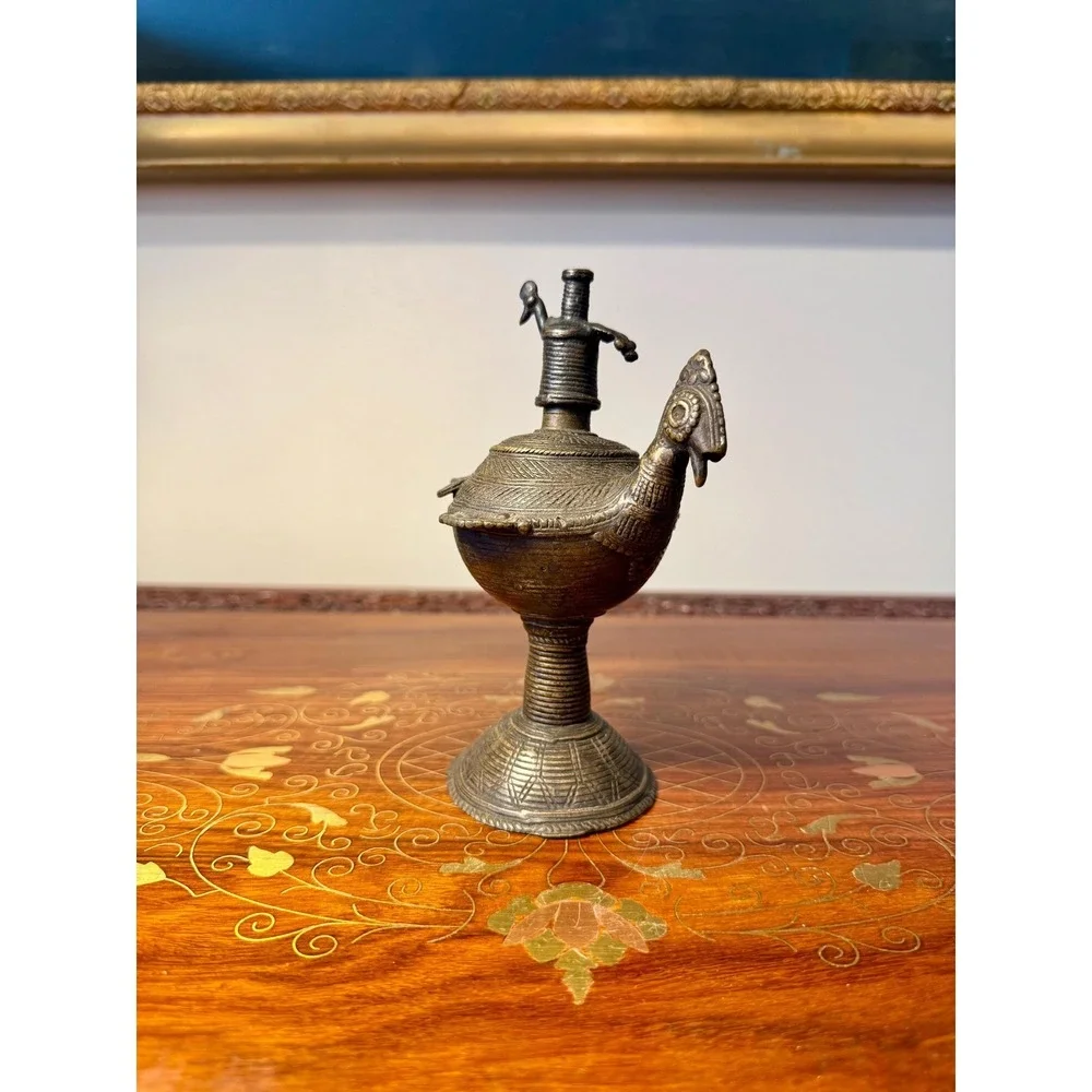 Antique‎ Indian Peacock Oil Lamp, Hand Cast Dhokra Brass Vessel